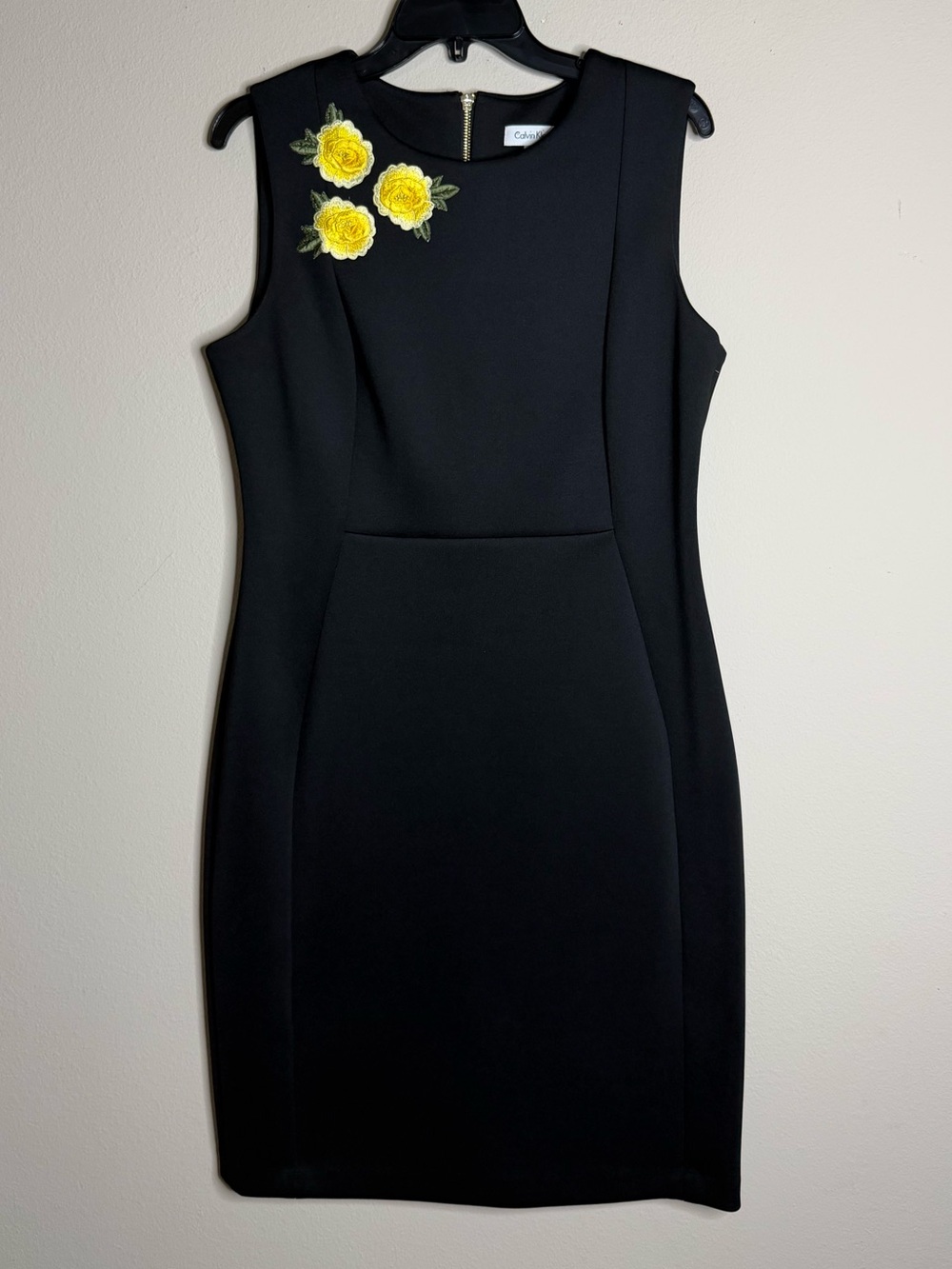 Calvin Klein Sleeveless Black Yellow Floral Scuba Sheath Dress Size 12